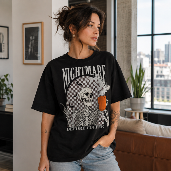 Nightmare Before Coffee - Checkerboard Skeleton Graphic Tee - mockup
